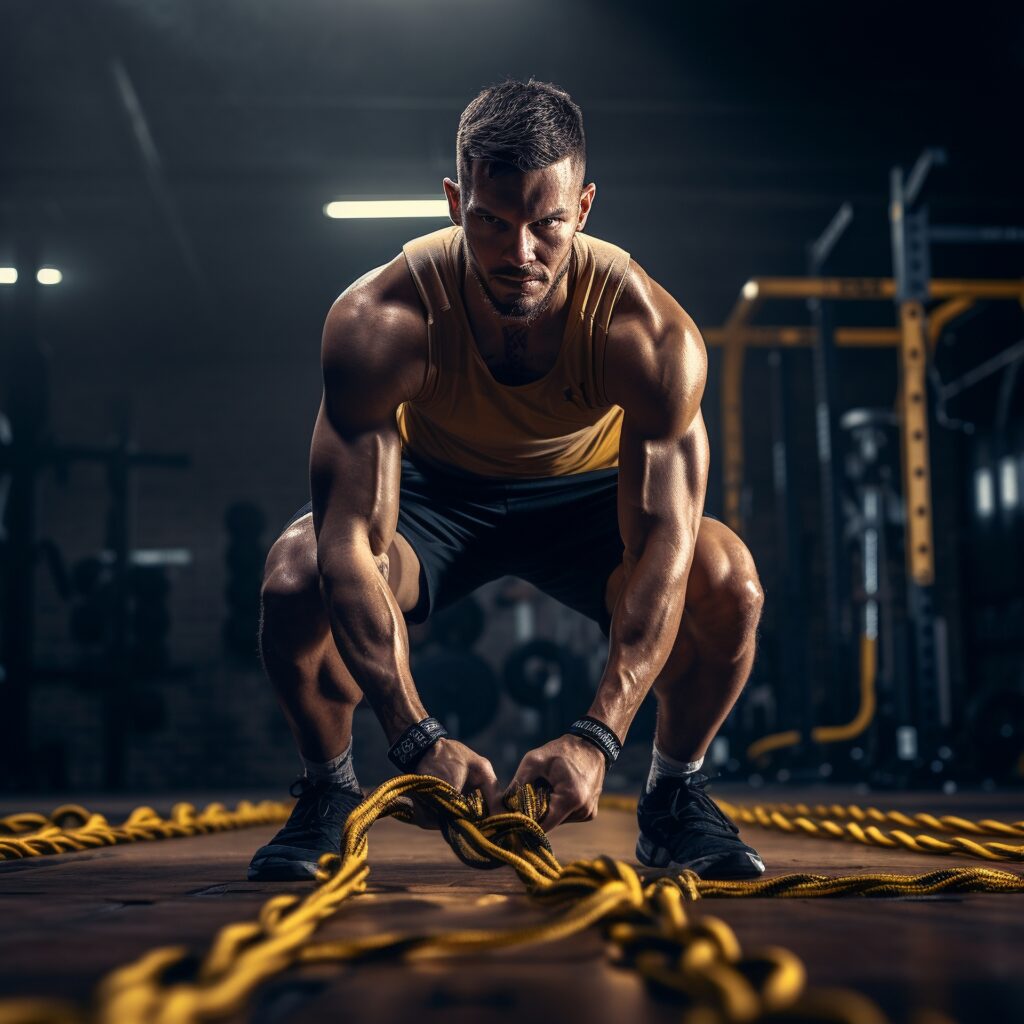 Atleta treinando com cordas de batalha em academia. Benefícios da creatina