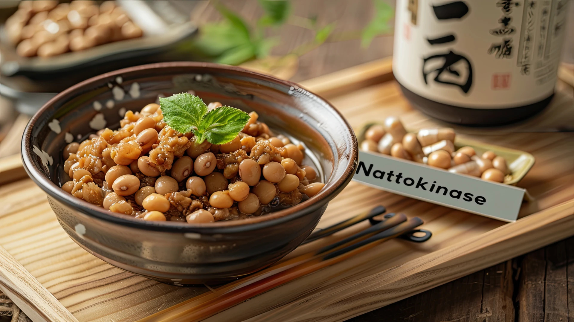 Nattokinase em um prato japonês com foco seletivo