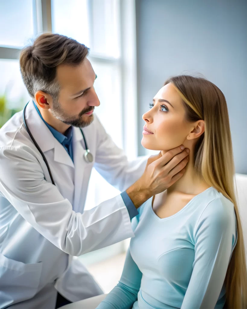 Médico examinando a glândula tireoide de uma paciente.