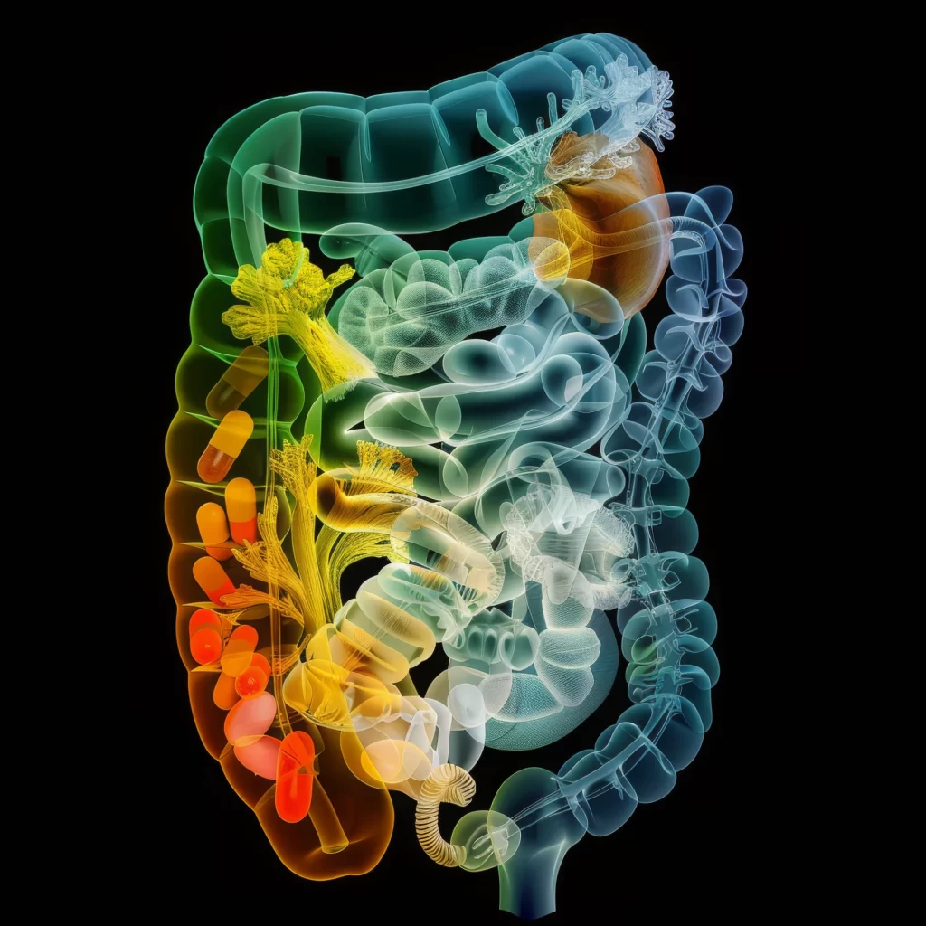 Visualização do processo de absorção de vitaminas pela flora intestinal